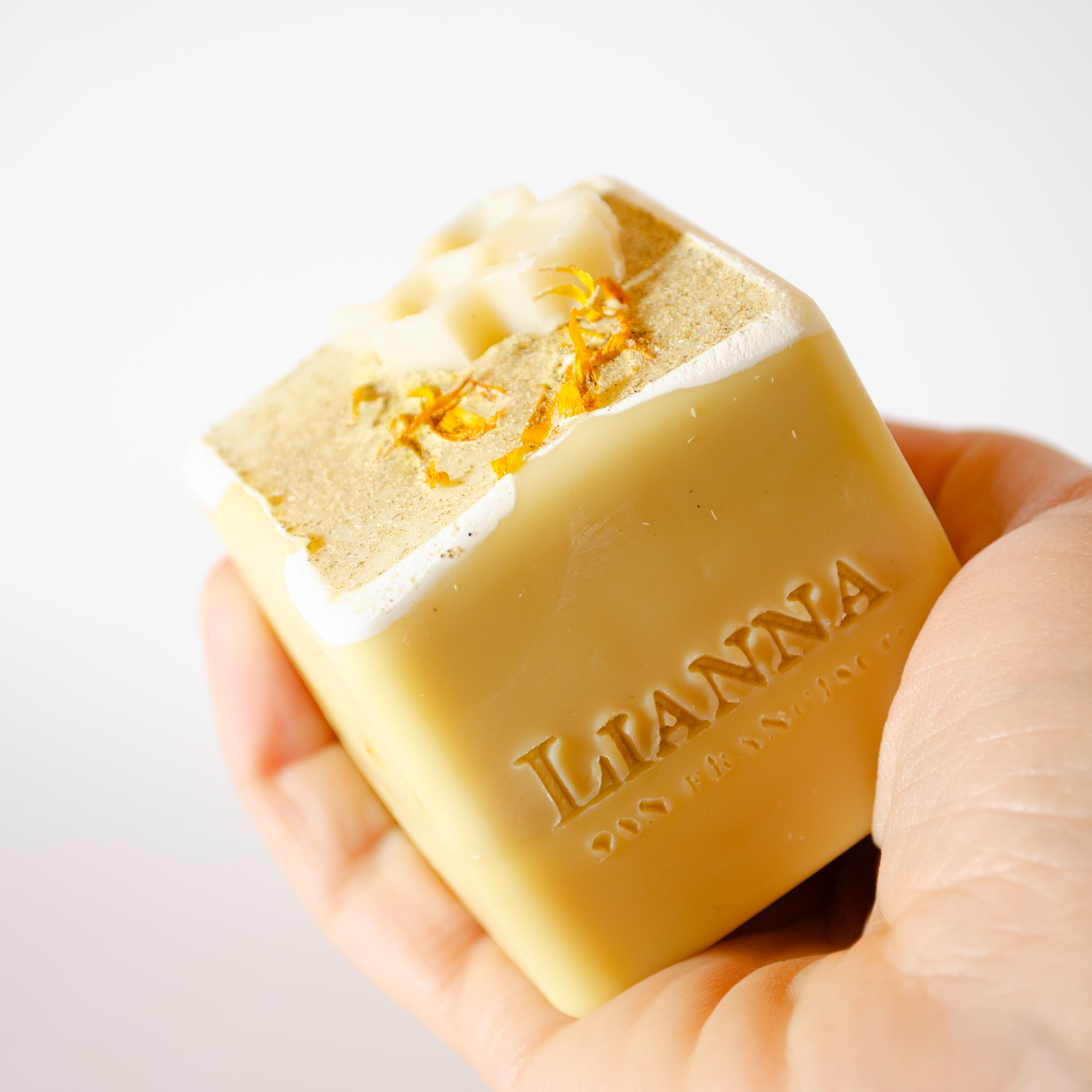 California honey olive oil soap infused with garden grown calendula, chamomile & lavender