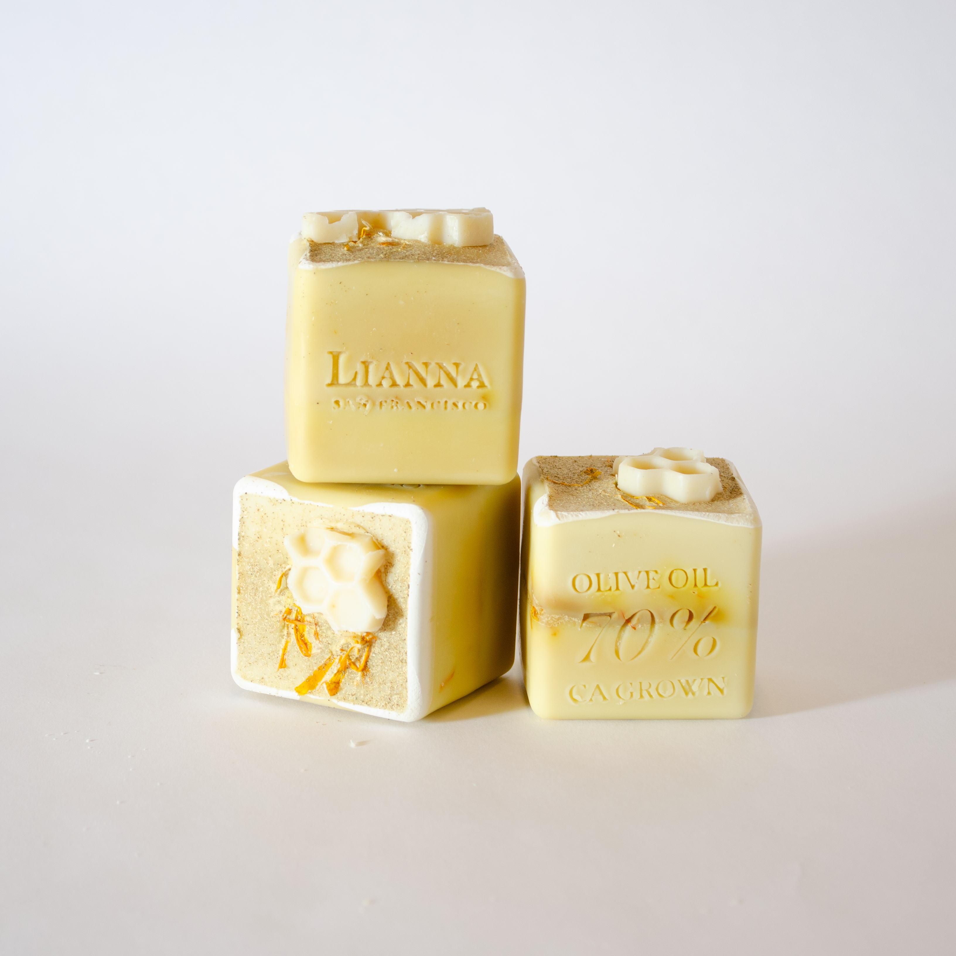 California honey olive oil soap infused with calendula, lavender & chamomile from our garden. 