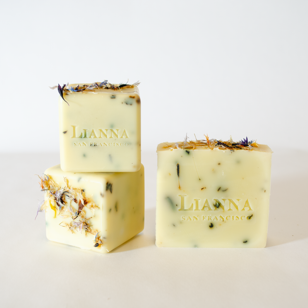 California olive oil soap scented with spearmint sage essential oil and speckled with garden grown herbs. 
