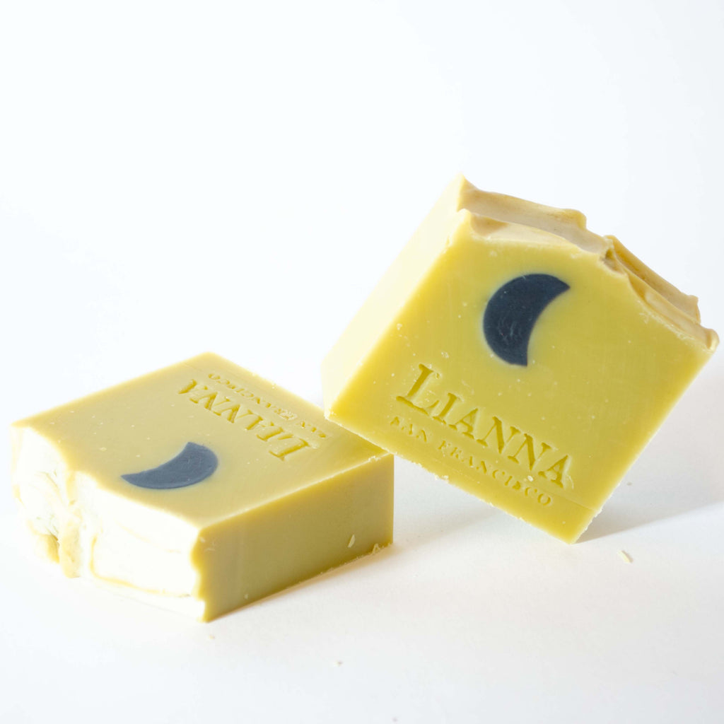 Two bars of winter night olive oil soap with a black charcoal moon embedded. 